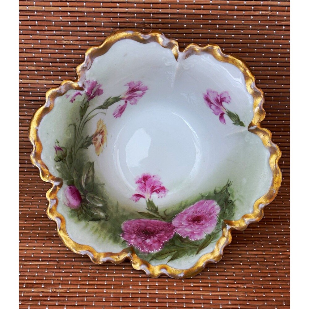 Hand Painted Floral Porcelain Bowl, Scalloped Gold Rim, Round, 5 in